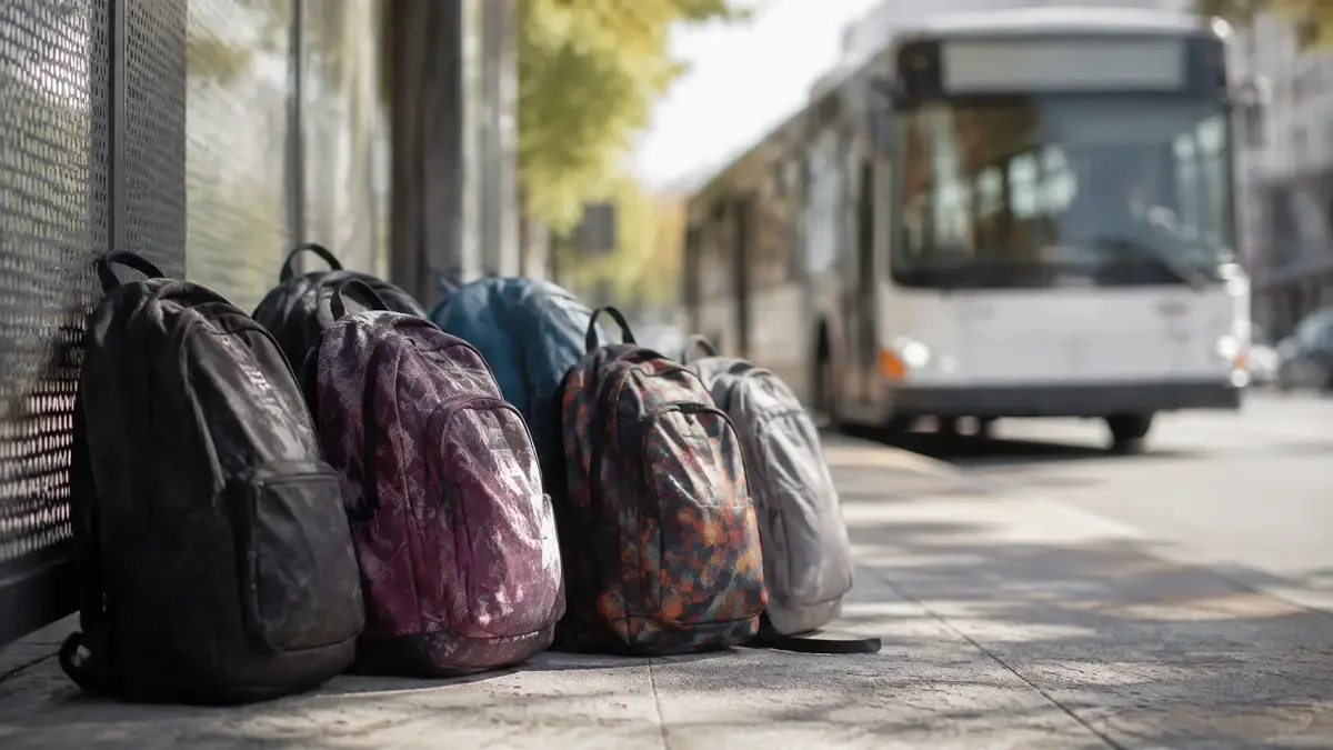 Mochilas escolares junto a una parada de colectivo con el vehículo desenfocado al fondo