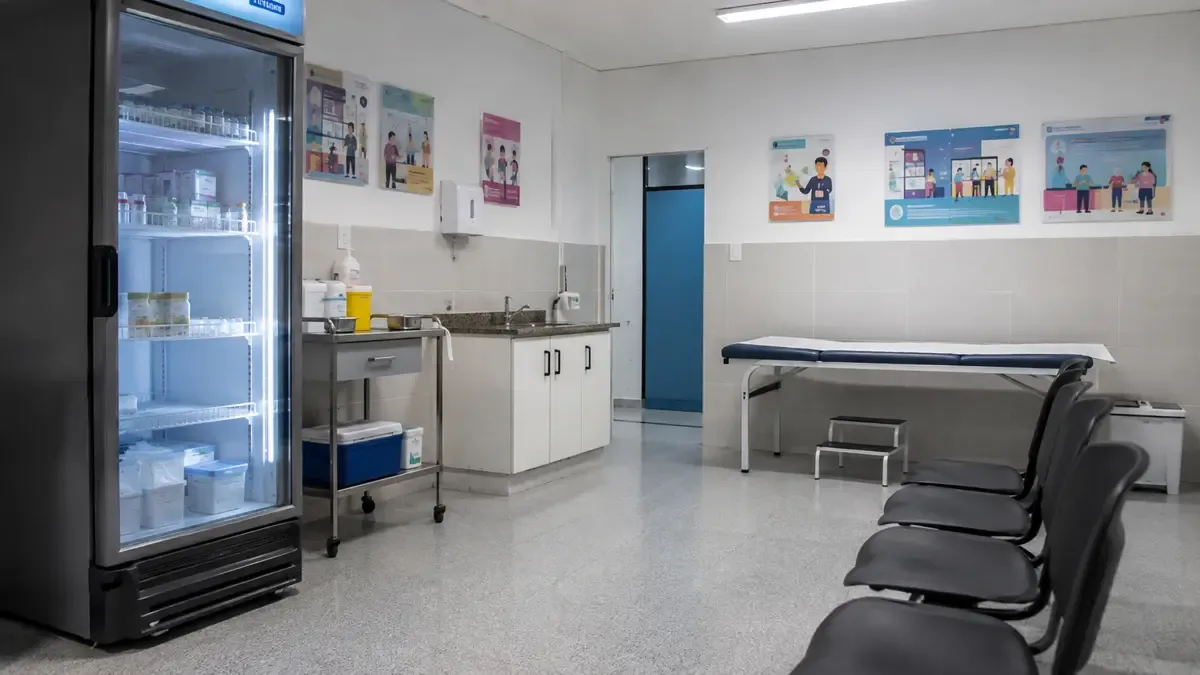 Sala de vacunatorio con heladera de vacunas y camilla vacía en un centro de salud