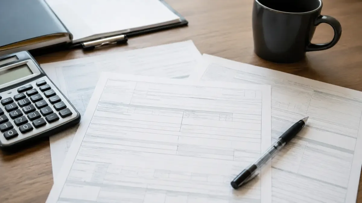 Formularios en blanco, una calculadora y una birome sobre un escritorio