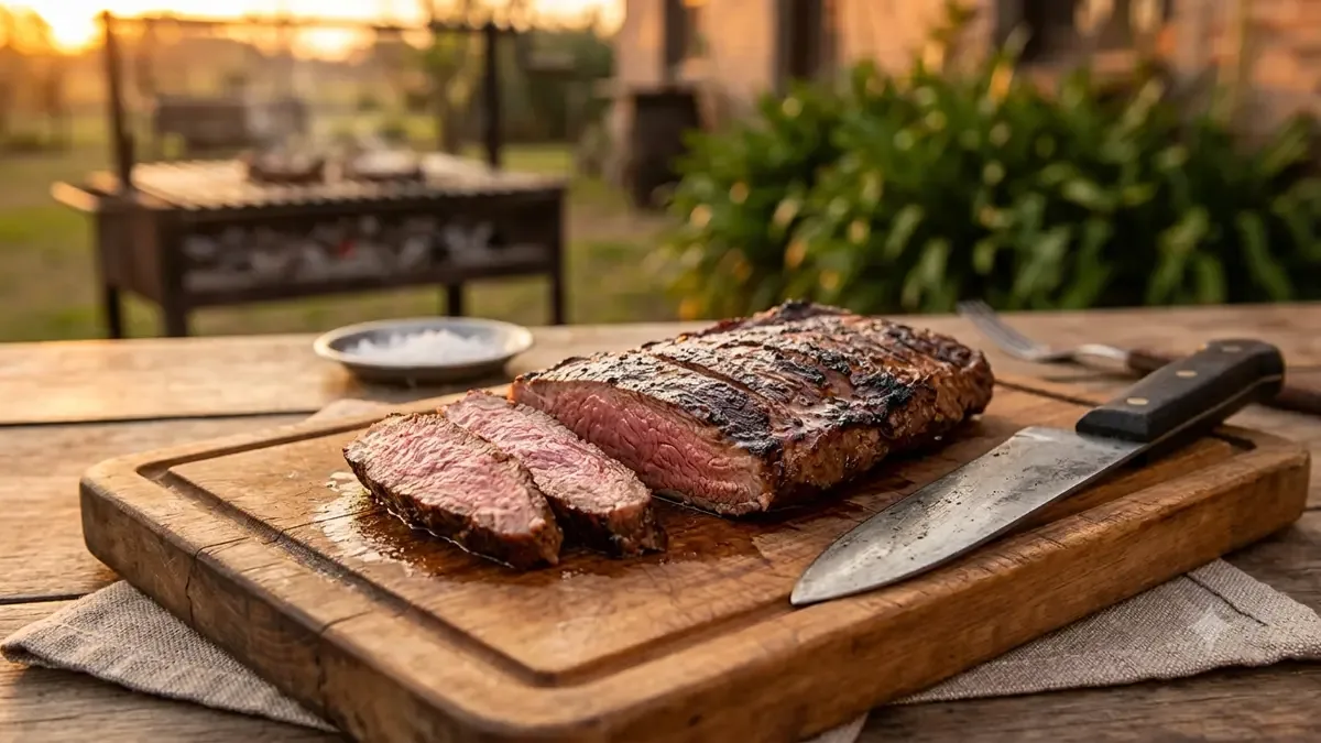 Vacío asado sobre tabla de madera cortado mostrando el punto