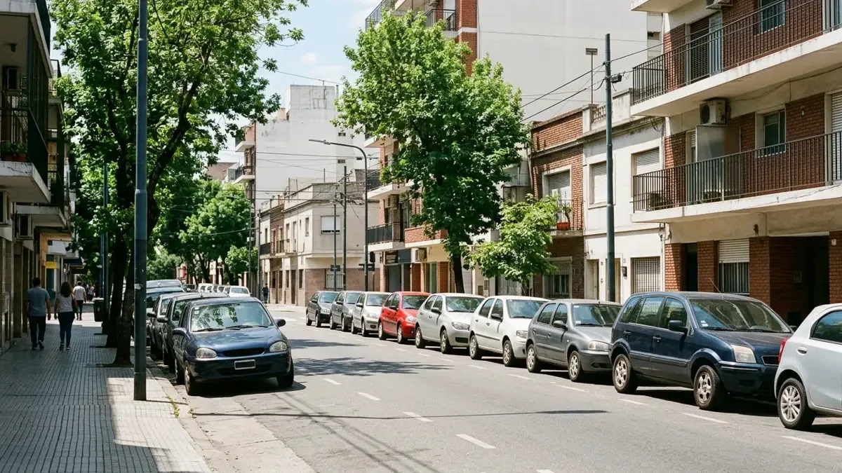Calle urbana con autos estacionados en batería junto a la vereda bajo luz de mediodía