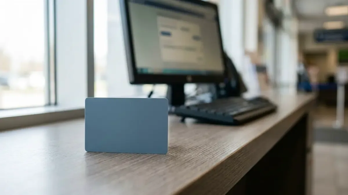 Tarjeta de transporte sobre un mostrador de atención al público junto a una computadora desenfocada